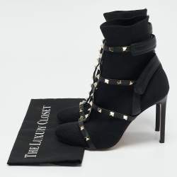 Valentino Black Knit Fabric and Leather Rockstud Ankle Length Boots Size 39