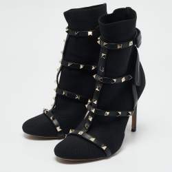 Valentino Black Knit Fabric and Leather Rockstud Ankle Length Boots Size 39