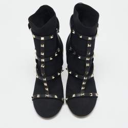 Valentino Black Knit Fabric and Leather Rockstud Ankle Length Boots Size 39