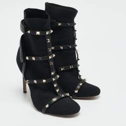 Valentino Black Knit Fabric and Leather Rockstud Ankle Length Boots Size 39