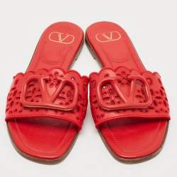Pre Owned Valentino Red Leather Escape V logo Slide Flats Size 38