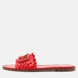 Pre Owned Valentino Red Leather Escape V logo Slide Flats Size 38