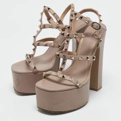 Pre Owned Valentino Dusty Pink Leather Rockstud Ankle Strap Block Heel Platform Sandals Size 39