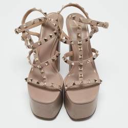 Pre Owned Valentino Dusty Pink Leather Rockstud Ankle Strap Block Heel Platform Sandals Size 39