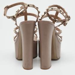 Pre Owned Valentino Dusty Pink Leather Rockstud Ankle Strap Block Heel Platform Sandals Size 39