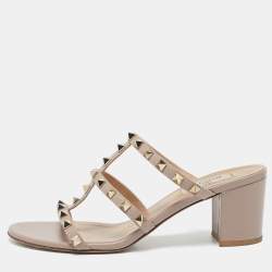 Pre Owned Valentino Beige Leather Rockstud Slide Sandals Size 38.5