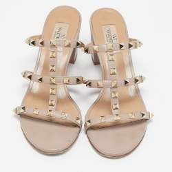 Pre Owned Valentino Beige Leather Rockstud Slide Sandals Size 38.5