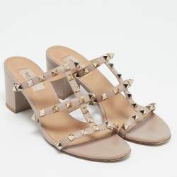 Pre Owned Valentino Beige Leather Rockstud Slide Sandals Size 38.5