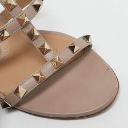 Pre Owned Valentino Beige Leather Rockstud Slide Sandals Size 38.5