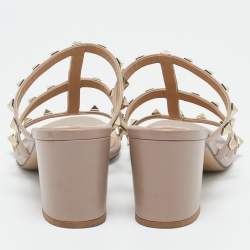 Pre Owned Valentino Beige Leather Rockstud Slide Sandals Size 38.5