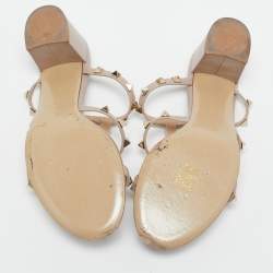 Pre Owned Valentino Beige Leather Rockstud Slide Sandals Size 38.5