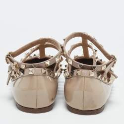 Valentino Beige Patent Leather Rockstud Caged Ankle Strap Ballet Flats Size 38.5