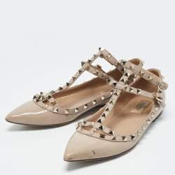 Valentino Beige Patent Leather Rockstud Caged Ankle Strap Ballet Flats Size 38.5
