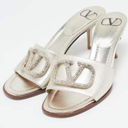 Valentino Metallic Leather VLogo Signature Slide Sandals Size 36