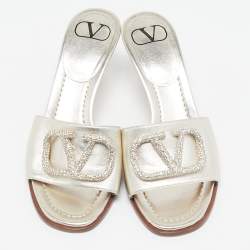 Valentino Metallic Leather VLogo Signature Slide Sandals Size 36