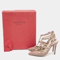 Pre Owned حذاء كعب عالي فالنتينو جلود زهري باهت روكستد بحزام للكاحل مقاس 37