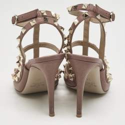 Pre Owned حذاء كعب عالي فالنتينو جلود زهري باهت روكستد بحزام للكاحل مقاس 37