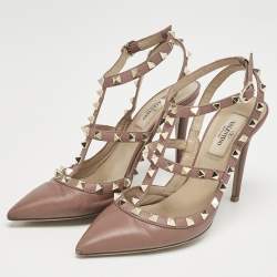 Pre Owned حذاء كعب عالي فالنتينو جلود زهري باهت روكستد بحزام للكاحل مقاس 37