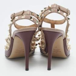 Valentino Burgundy /Beige Leather Rockstud Caged Pumps Size 37