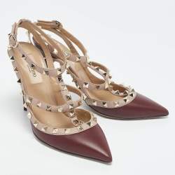 Valentino Burgundy /Beige Leather Rockstud Caged Pumps Size 37
