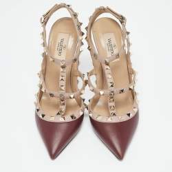 Valentino Burgundy /Beige Leather Rockstud Caged Pumps Size 37
