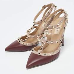 Valentino Burgundy /Beige Leather Rockstud Caged Pumps Size 37