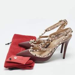 Valentino Burgundy /Beige Leather Rockstud Caged Pumps Size 37