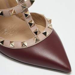 Valentino Burgundy /Beige Leather Rockstud Caged Pumps Size 37
