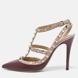 Valentino Burgundy /Beige Leather Rockstud Caged Pumps Size 37