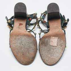 مملوكة مسبقًا Valentino Dark Green Leather Rockstud Caged Ankle Strap Block Heel Sandals Size 37