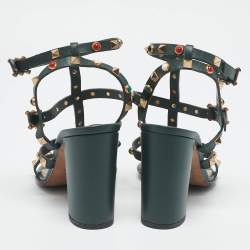 مملوكة مسبقًا Valentino Dark Green Leather Rockstud Caged Ankle Strap Block Heel Sandals Size 37
