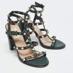 مملوكة مسبقًا Valentino Dark Green Leather Rockstud Caged Ankle Strap Block Heel Sandals Size 37