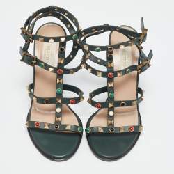 مملوكة مسبقًا Valentino Dark Green Leather Rockstud Caged Ankle Strap Block Heel Sandals Size 37