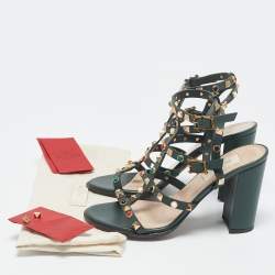 مملوكة مسبقًا Valentino Dark Green Leather Rockstud Caged Ankle Strap Block Heel Sandals Size 37