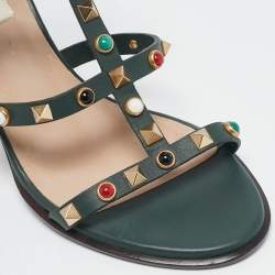 مملوكة مسبقًا Valentino Dark Green Leather Rockstud Caged Ankle Strap Block Heel Sandals Size 37