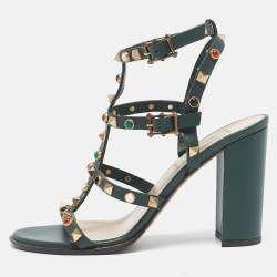 مملوكة مسبقًا Valentino Dark Green Leather Rockstud Caged Ankle Strap Block Heel Sandals Size 37