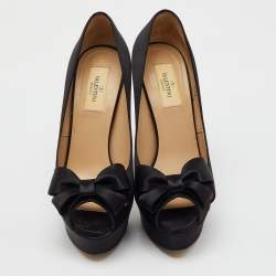 Pre Owned Valentino Black Satin Couture Bow Peep Toe Platform Pumps Size 38.5