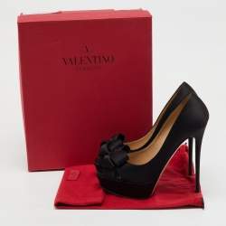 Pre Owned Valentino Black Satin Couture Bow Peep Toe Platform Pumps Size 38.5