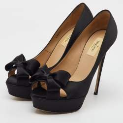 Pre Owned Valentino Black Satin Couture Bow Peep Toe Platform Pumps Size 38.5