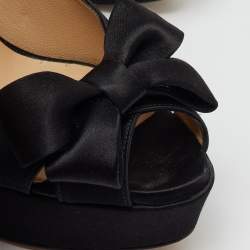 Pre Owned Valentino Black Satin Couture Bow Peep Toe Platform Pumps Size 38.5