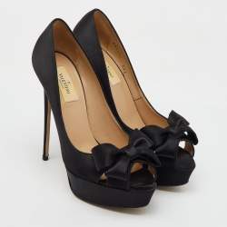 Pre Owned Valentino Black Satin Couture Bow Peep Toe Platform Pumps Size 38.5