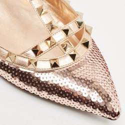 Valentino Rose Gold Sequins and Leather Rockstud Caged Ballet Flats Size 39.5