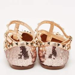 Valentino Rose Gold Sequins and Leather Rockstud Caged Ballet Flats Size 39.5