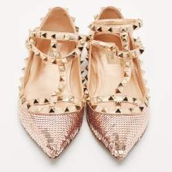 Valentino Rose Gold Sequins and Leather Rockstud Caged Ballet Flats Size 39.5