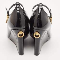 Pre Owned Valentino Black Patent Leather Ankle Strap Wedge Pumps 36