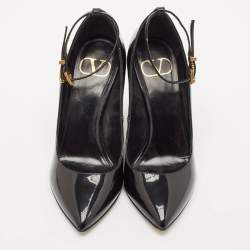 Pre Owned Valentino Black Patent Leather Ankle Strap Wedge Pumps 36