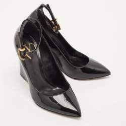 Pre Owned Valentino Black Patent Leather Ankle Strap Wedge Pumps 36