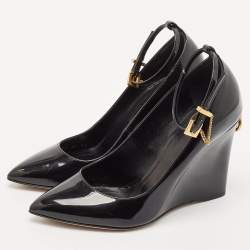 Pre Owned Valentino Black Patent Leather Ankle Strap Wedge Pumps 36