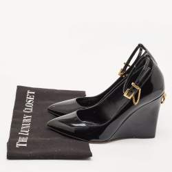 Pre Owned Valentino Black Patent Leather Ankle Strap Wedge Pumps 36