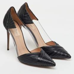 Valentino Black Pleated Leather and PVC B Drape Pointed Toe Pumps Size 40